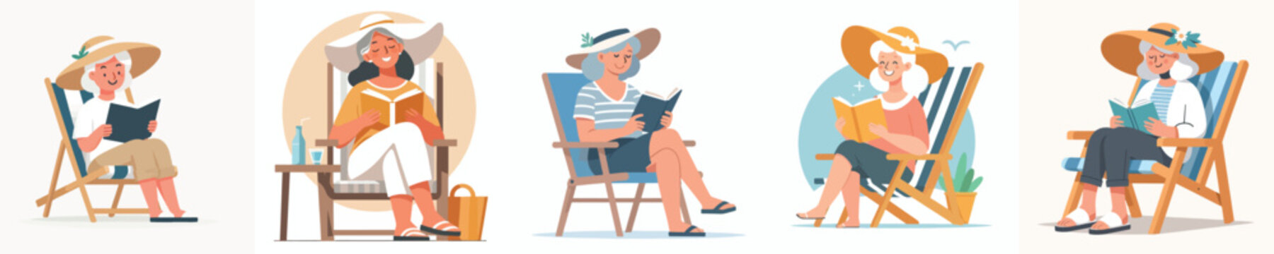Flat vector illustration of an elderly woman sitting on a beach chair reading a book in the summer
