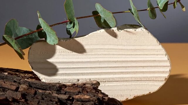 Ridged circular podium with bark and green leaves.