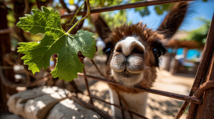 Fototapeta premium Curious fluffy alpaca looking through a metal wire fence in a farm enclosure