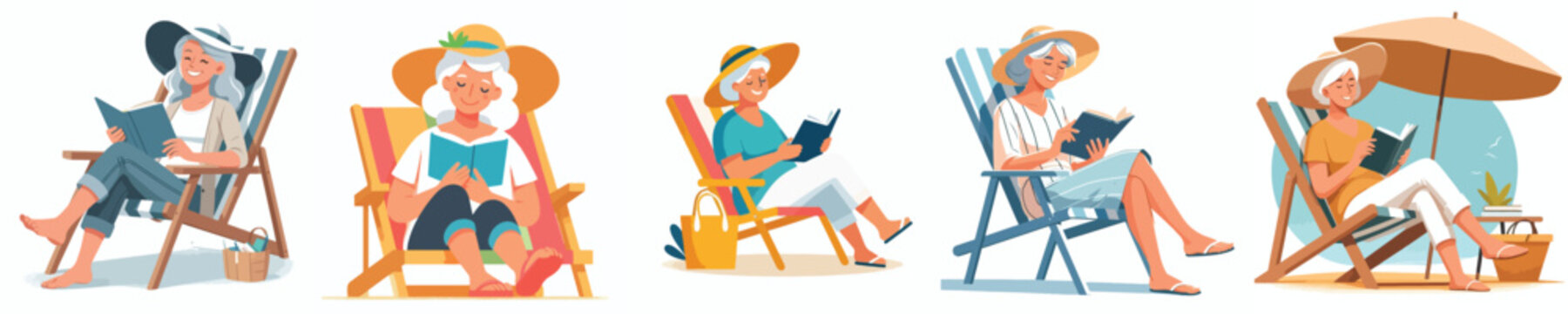Flat vector illustration of an elderly woman sitting on a beach chair reading a book in the summer