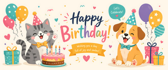 Fototapeta premium Happy Birthday card with cute cat and dog illustration