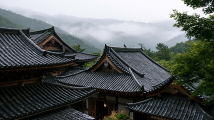 Fototapeta premium Serene View of Traditional East Asian Temple Rooftops Surrounded by Green Trees and Misty Mountain Slopes