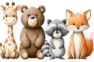 Fototapeta premium Adorable Watercolor Forest Animals Collection Featuring Giraffe, Bear, Raccoon, and Fox for Children's Designs