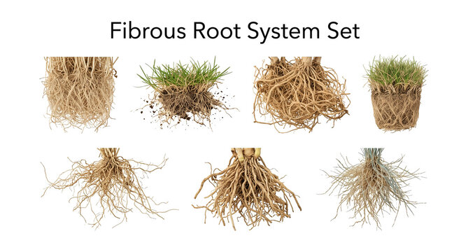 Fibrous root system set featuring realistic crop and grass root clusters, botanical design elements isolated on transparent