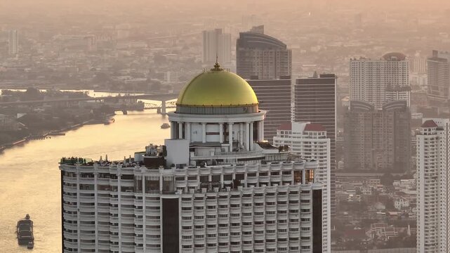 sunset time bangkok city center famous hotel rooftop bat view point riverside aerial panorama 4k thailand 