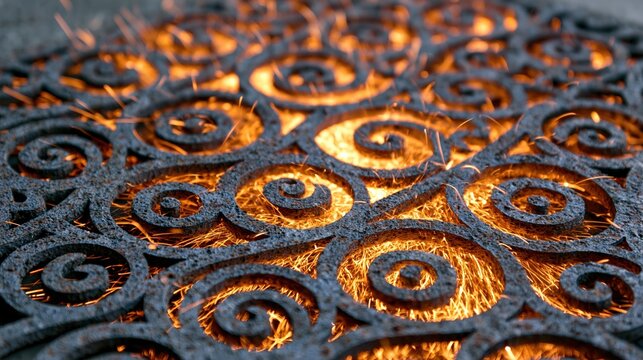 Close-up of Rusty Ornate Metalwork with Glowing Orange Sparks Flying