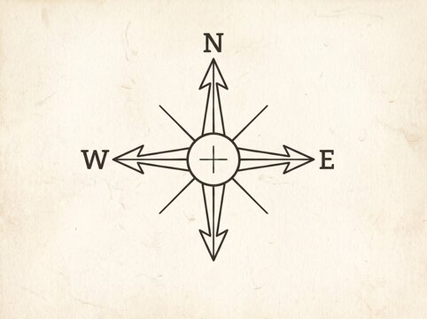 Cardinal direction letters N, W, S, E, minimal navigational symbols on white background.