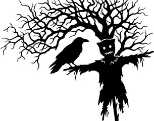 Naklejka premium Spooky Halloween silhouette with scarecrow raven and gnarled tree