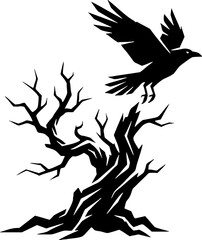 Naklejka premium Crow silhouette flying over dead tree branches on white background