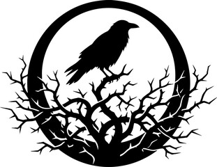 Naklejka premium Black raven silhouette perched on branches in circular frame