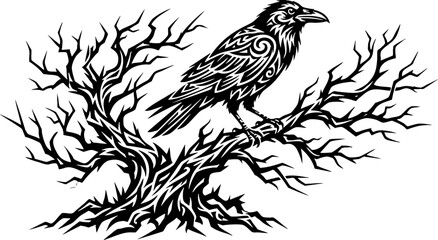Naklejka premium Stylized tribal raven perched on a gnarled dead tree branch