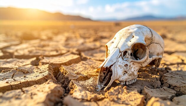 干ばつでひび割れた乾いた大地に置かれた頭蓋骨を捉えたクローズアップ写真