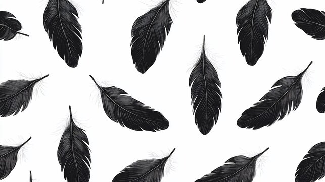 Seamless Pattern of Elegant Black Feathers on White Background