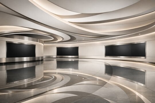 A modern, sleek news studio with curved architectural elements, illuminated panels, and a reflective floor, ideal for broadcast and chroma key production.