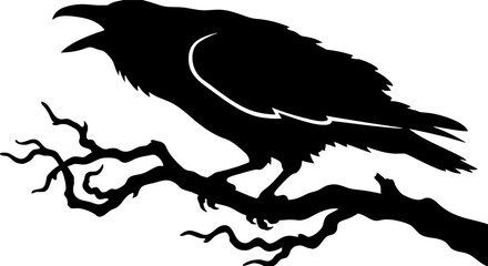 Naklejka premium Black Raven Silhouette on Tree Branch Isolated on White