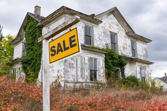 Dilapidated old house with 'Sale' sign in overgrown yard, hinting at foreclosure or fixer-upper opportunity