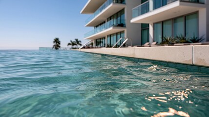 Obraz premium Luxury waterfront condominium with infinity pool and ocean view, modern architecture, and sunny sky