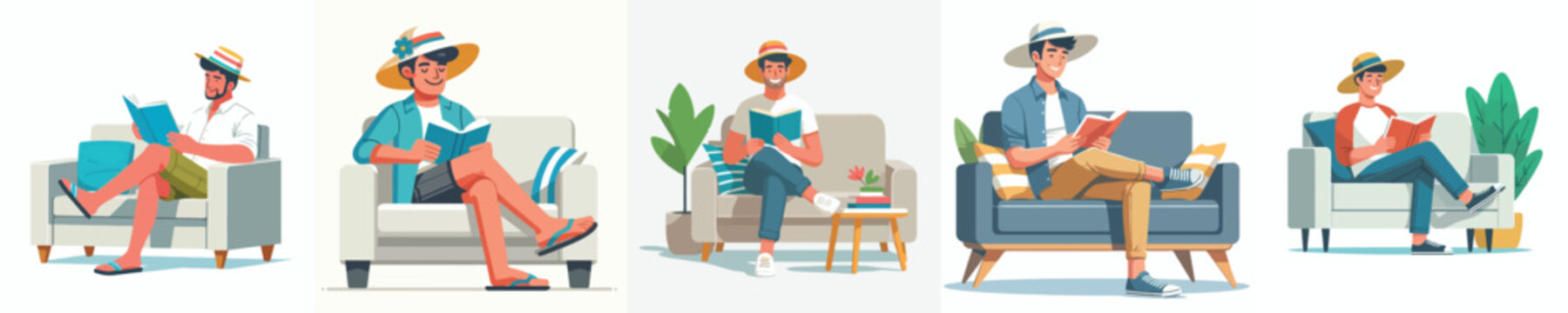 Flat vector illustration of a man sitting on a sofa reading a book in the summer