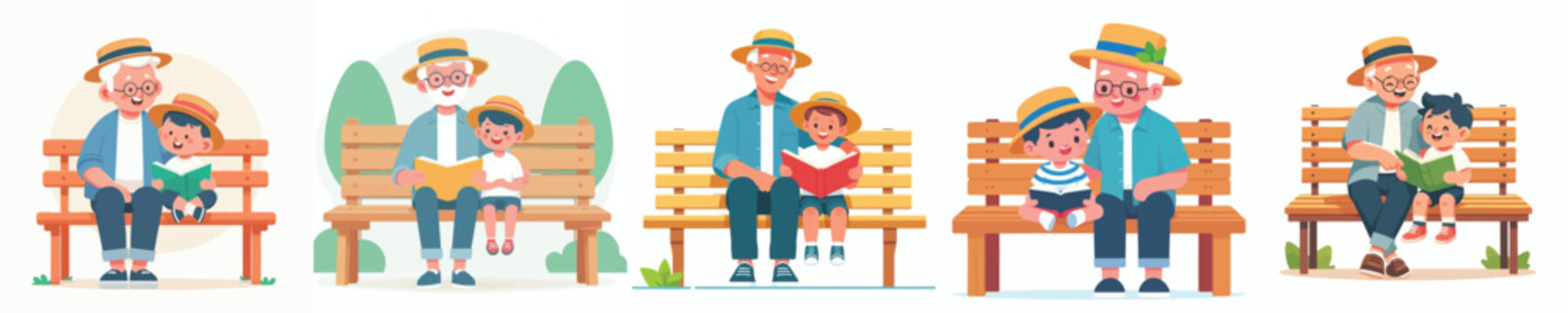 A flat vector illustration of a grandpa and grandchild sitting on a park bench reading a book in the summer