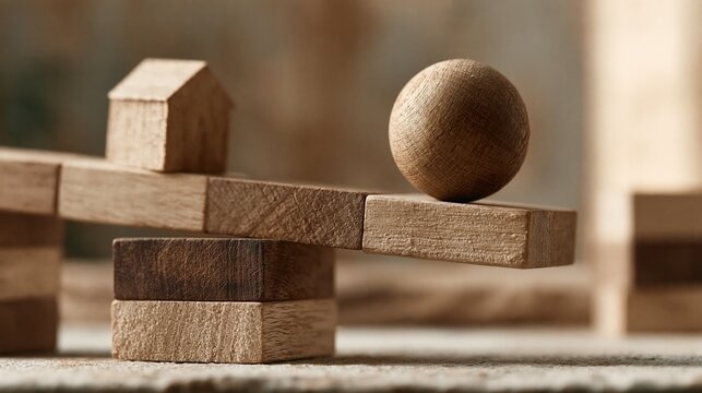Wooden blocks and sphere in precarious balance on a makeshift seesaw, representing financial stability and risk