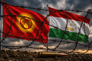 Obraz premium Kyrgyzstan and Tajikistan Flags Behind Barbed Wire and Bullet
