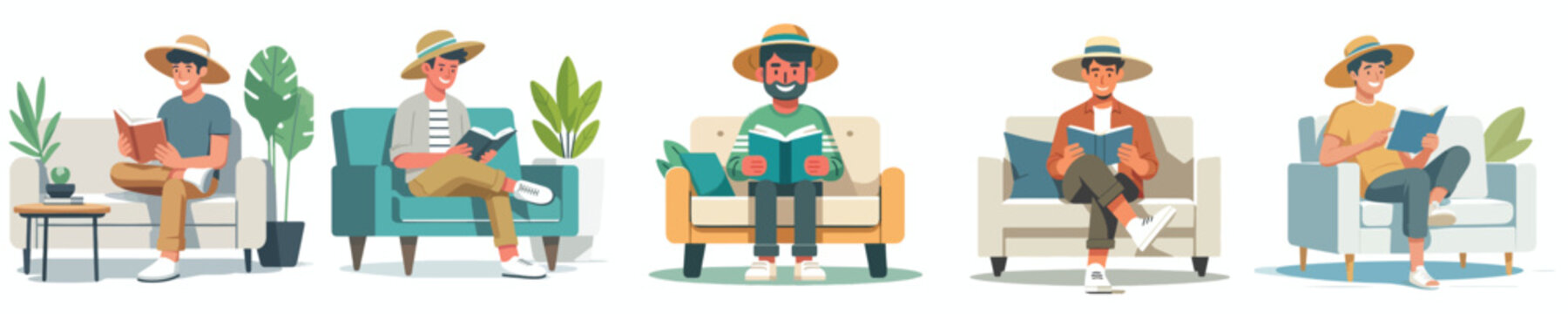 Flat vector illustration of a man sitting on a sofa reading a book in the summer