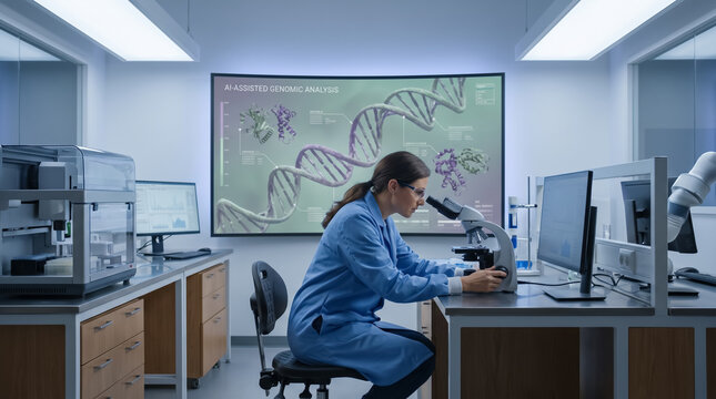 Female scientist performing AI assisted genomic analysis in modern lab