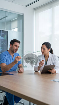 Two doctors analyzing digital brain hologram at clinic table