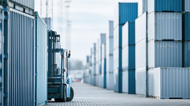 Modern Shipping Containers Stacked High in Industrial Port with Forklift Ready for Logistics
