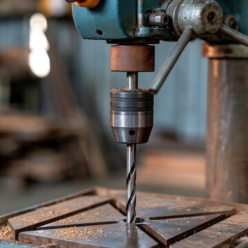 Close-up of a vintage drill press with a metal bit drilling into wood in a workshop