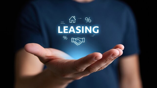 Business owner offering leasing agreement with handshake, house, and percentage icons on digital display
