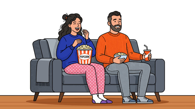 Couple watching movie on sofa with popcorn and drinks, enjoying leisure time