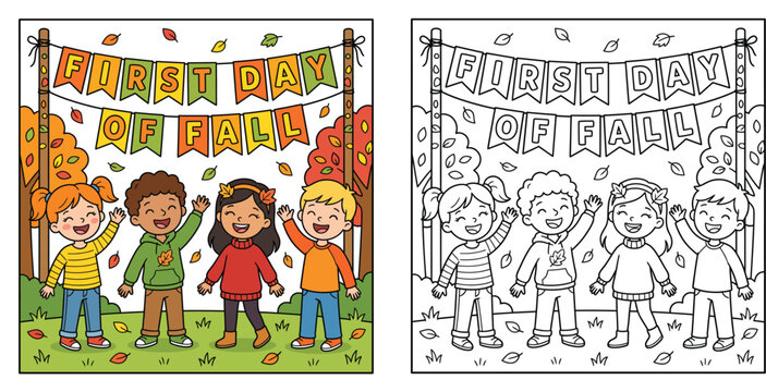 First day of fall celebration banner with happy kids