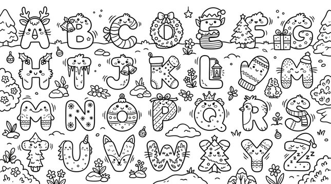 Cute Christmas Alphabet Letters with Festive Decorations and Characters - Black and White Outline