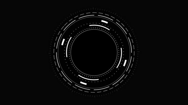 Abstract futuristic digital HUD interface circle frame with glowing white light segments for motion graphics and technology screen overlays