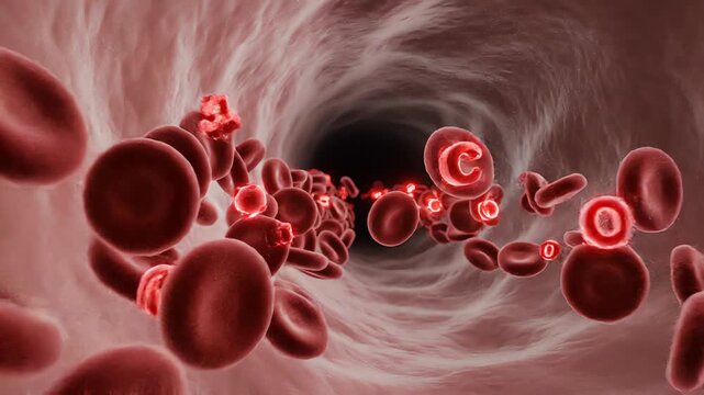 Red Blood Cell Flow: Microscopic view of red blood cells flowing through a blood vessel, illustrating oxygen transport and vital bodily functions.