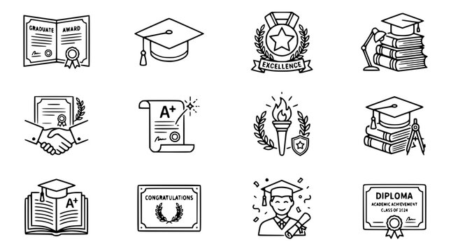 Education Icons Set: Graduation, Diploma, Books, Achievement, Awards, Success, Learning