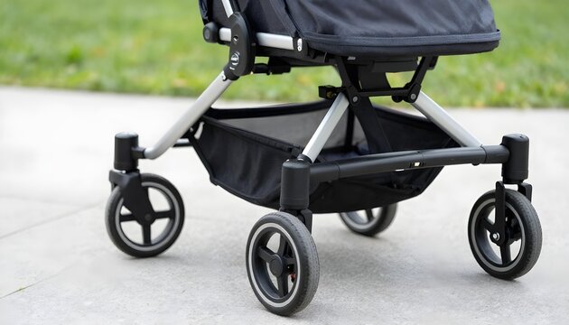 Stroller with a black seat and wheels, highlighting safety features for Baby Safety Month