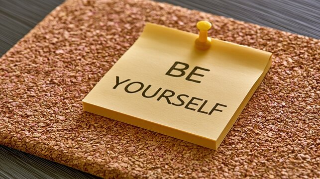 Yellow Sticky Note with 'Be Yourself' Message Pinned to Corkboard for Motivation and Inspiration