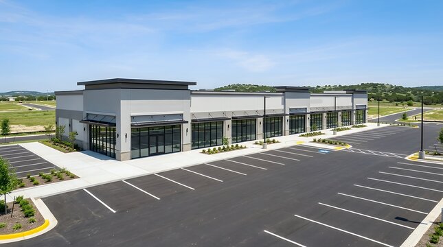 A Modern and Empty Brand New Strip Mall with Store Fronts and a Spacious Parking Lot in a Newly Developed Shopping Center empty brand new strip mall and parking lot store fronts in a new shopping