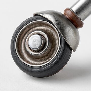 Close-up Macro Shot of a Single Antique Metal and Rubber Caster Wheel on a White Background