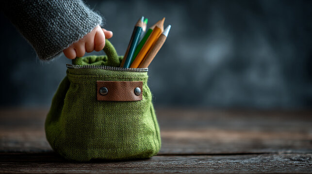 Hand of a young child placing colored pencils into a small rustic green knitted fabric pouch
