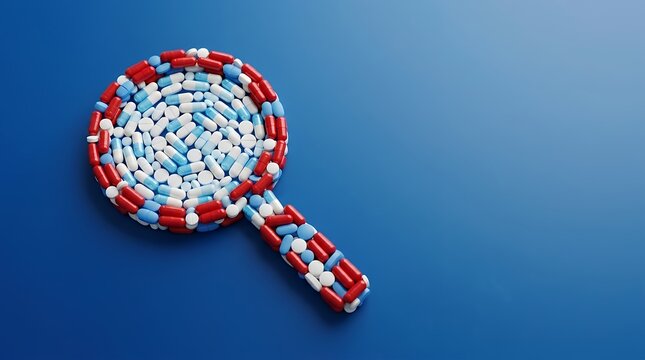 A Striking Visual for Pharmaceutical Research and Medicine Discovery Featuring a Magnifying Glass Composed of Red White and Blue Pills on a Blue Background pharmaceutical research medicine discovery