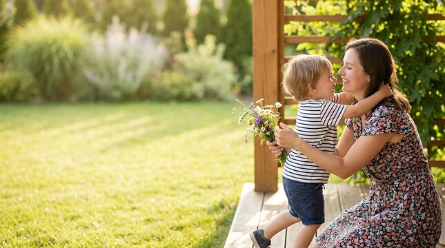 A Heartwarming Mother's Day Scene of a Child Greeting and Giving Flowers to Their Mother with a Loving Hug child greeting at mother's day hugging and giving flowers mother and child mother's day