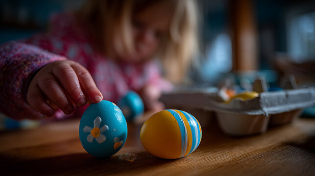 Young child arranging beautifully decorated colorful easter eggs on a wooden kitchen table