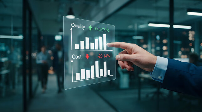 Hand interacting with floating digital chart showing quality with transparent digital illustrating comparing quality improvements improvements cost reductions