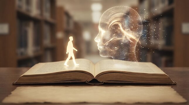 Conceptual Illustration of Knowledge Transfer Represented by Figure Entering Human Consciousness Through Literature business man person professional executive thinking thought mind brain psychology