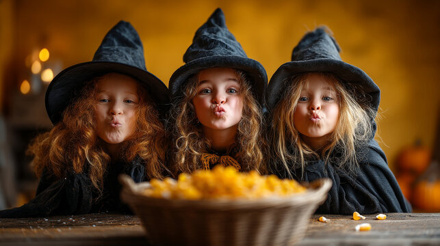 Halloween three adorable young girls in witch costumes and pointed hats holding a basket of treats