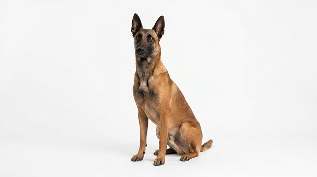 A Clean and Simple Portrait of a Malinois Dog Sitting Proudly Against a White Background malinois sitting against white background belgian malinois dog portrait white background sitting dog canine
