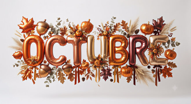 Texto de Octubre hecho de globos naranjas con estilo de oto&ntilde;o
